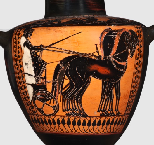 Keramikgefäß mit schwarzer Darstellung eines Pferdegespannes von rotem Hintergrund
