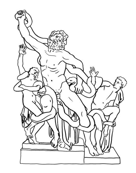 Zeichnung eines Mannes und zwei Jungen, die gegen Schlangen kämpfen