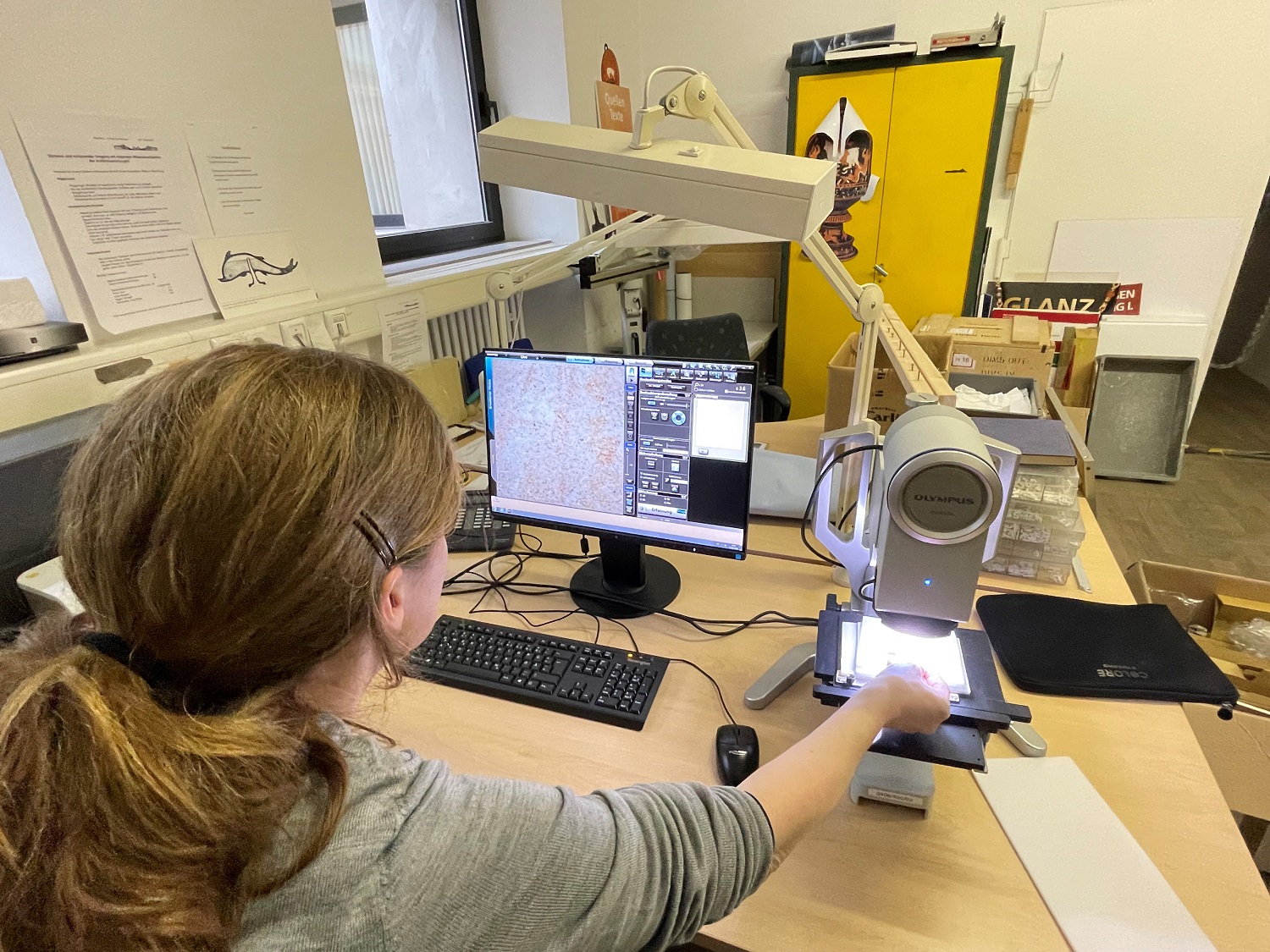 Junge Frau vor einem Mikroskop